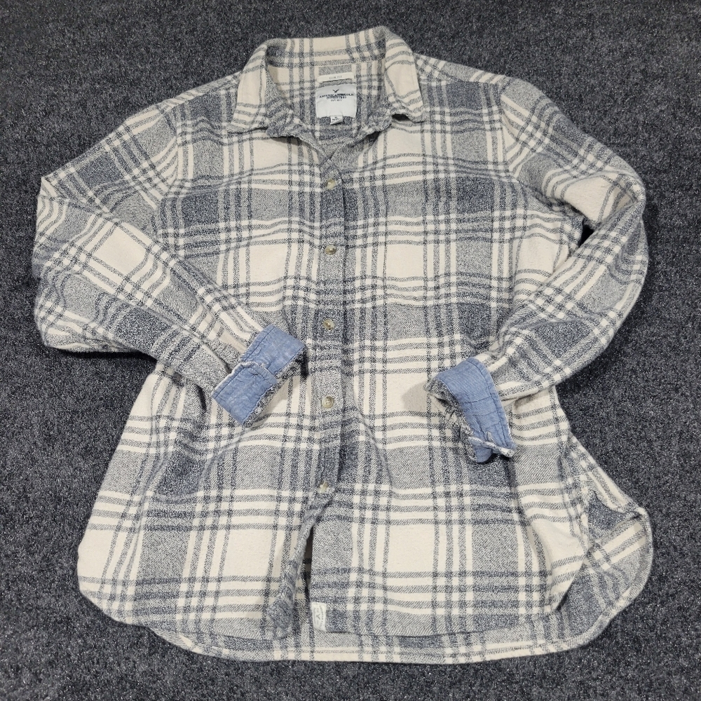 American Eagle Plaid Shirt Women Gray Size L Slim Fit Long Sleeve Button-Up READ